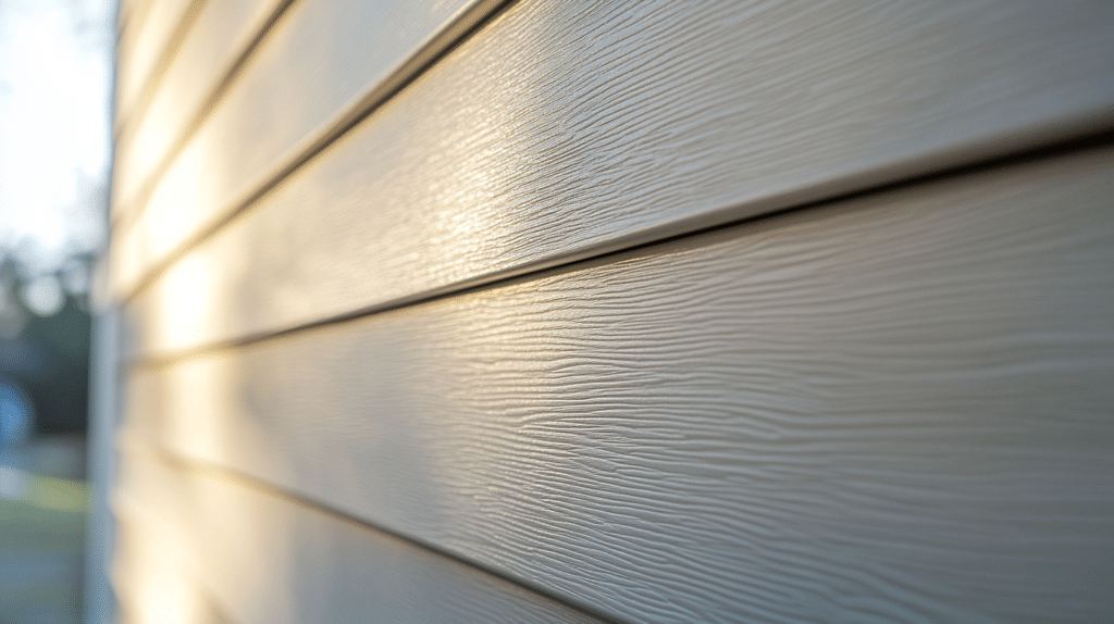 Close-up of beige vinyl siding texture under natural sunlight