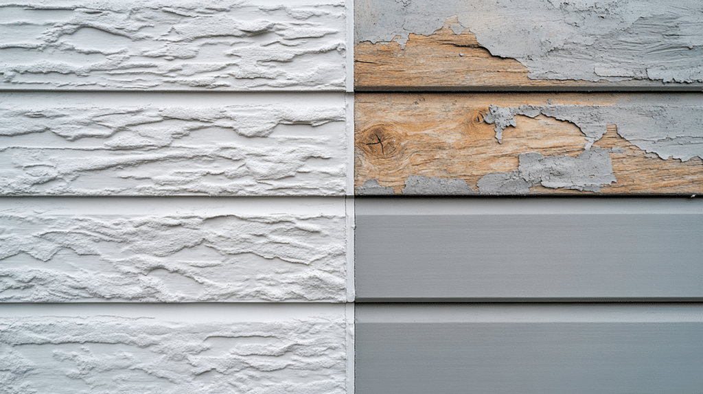 Comparison of fiber cement siding panels showing weather damage and clean finish