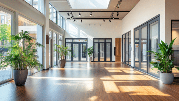Modern window and door showroom with natural lighting and sleek glass displays