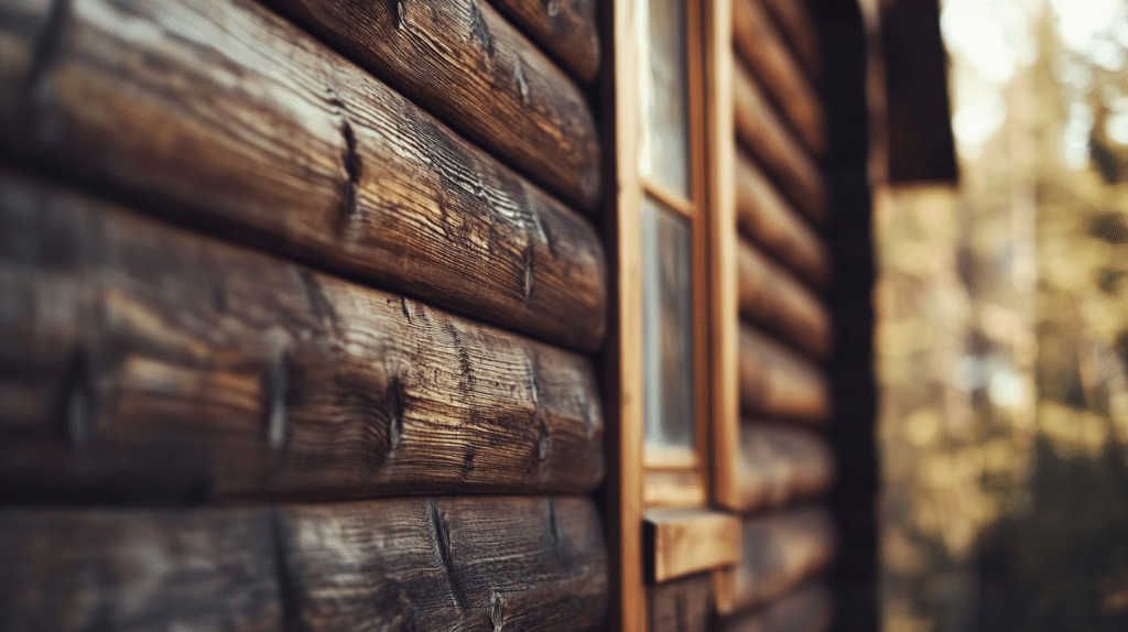 Rustic cedar wood lap siding on cabin wall with visible natural grain