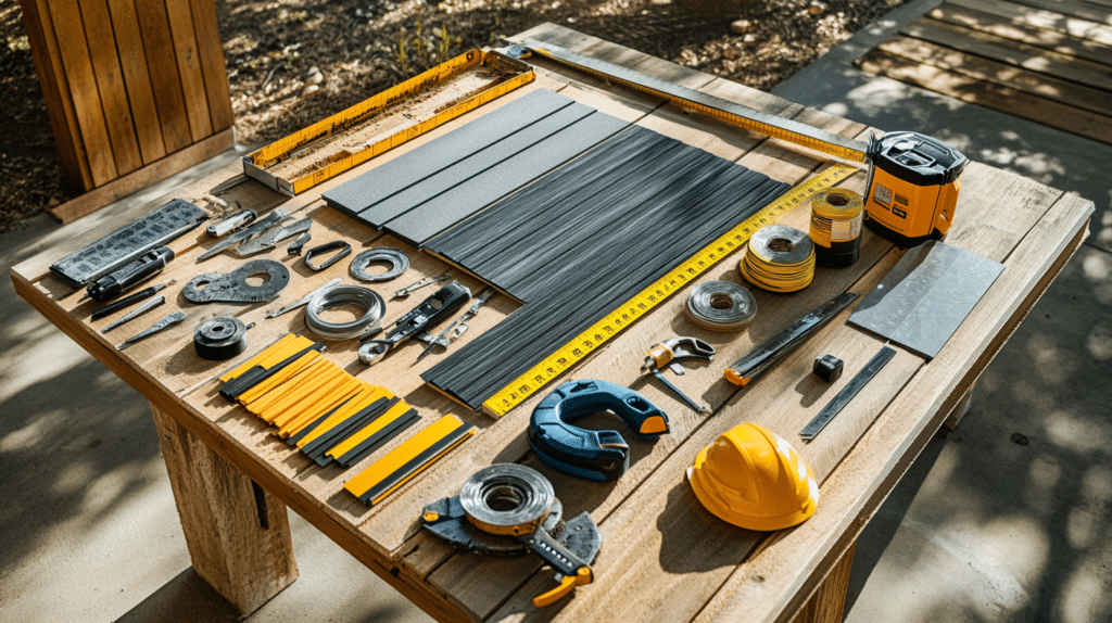 Overhead view of tools and siding samples laid out on outdoor workbench