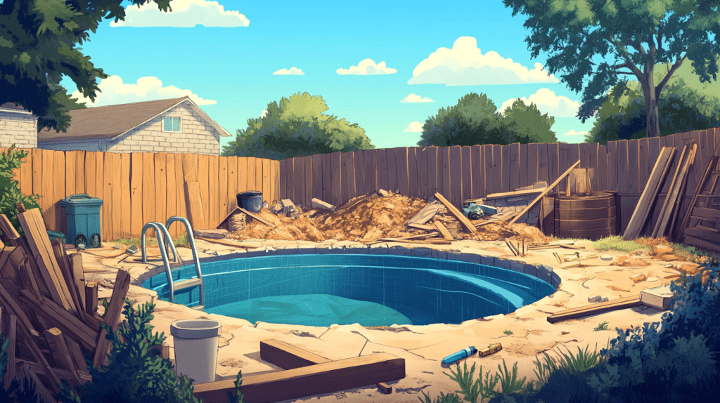 A half-finished backyard swimming pool surrounded by wooden materials