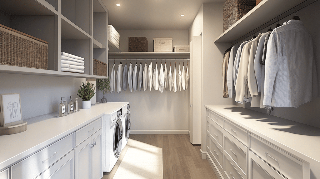 Organized utility and laundry room with white cabinetry and hanging clothes