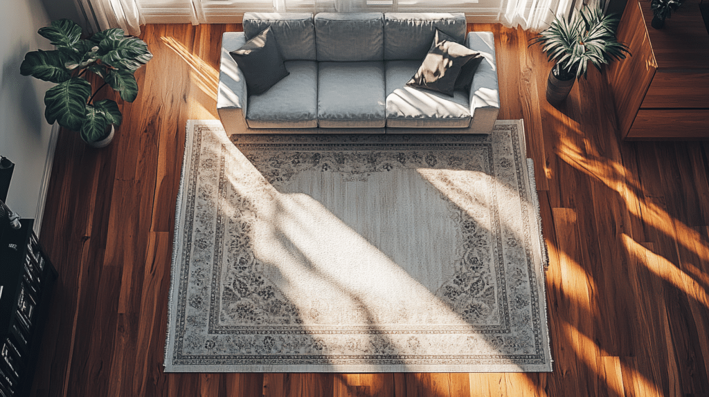 A clean living room featuring a modern sofa and wooden flooring