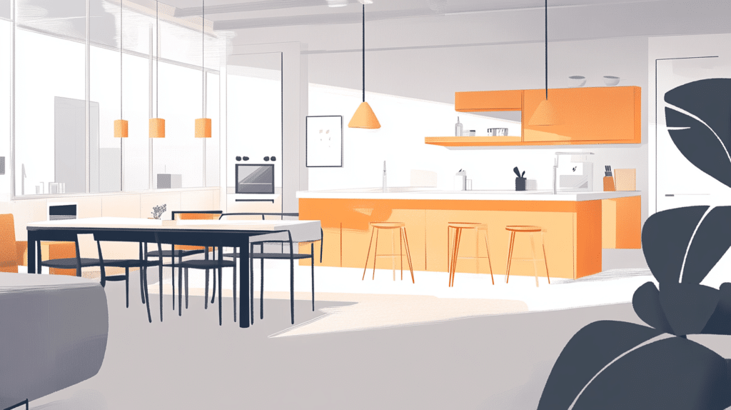 kitchen and dining area in modern style with bright lighting