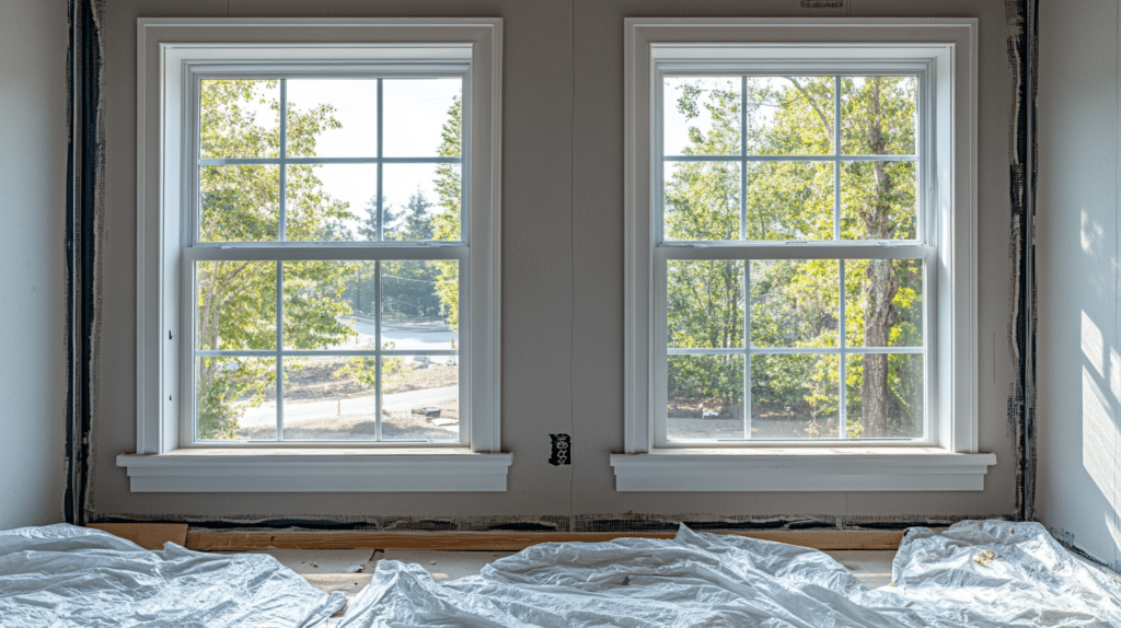 Side-by-side interior view of home window installation showing old and new frames