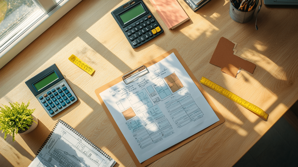 Bright contractor’s desk with planning tools for calculating window replacement costs