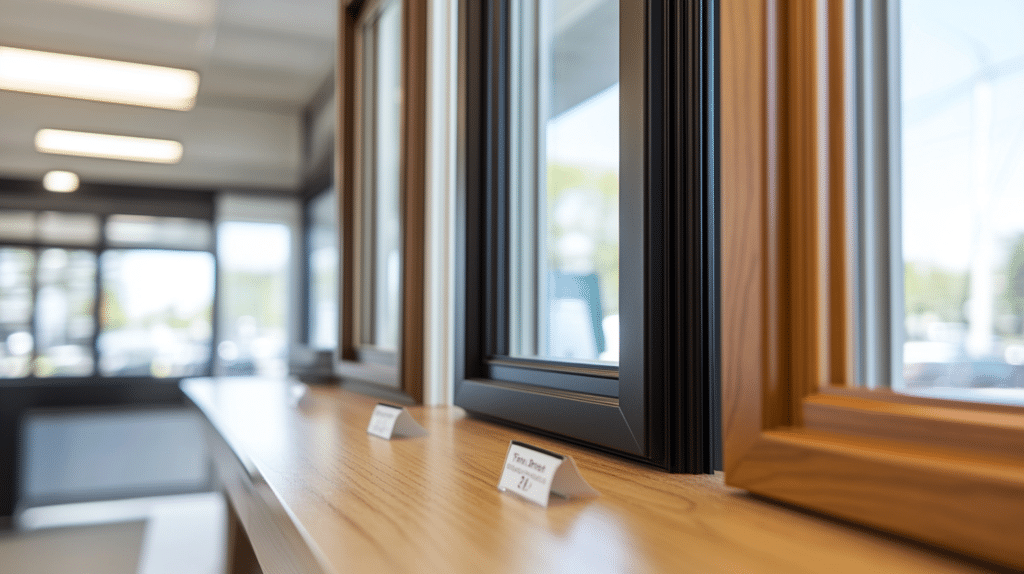 Close-up of window style samples displayed in a home improvement showroom