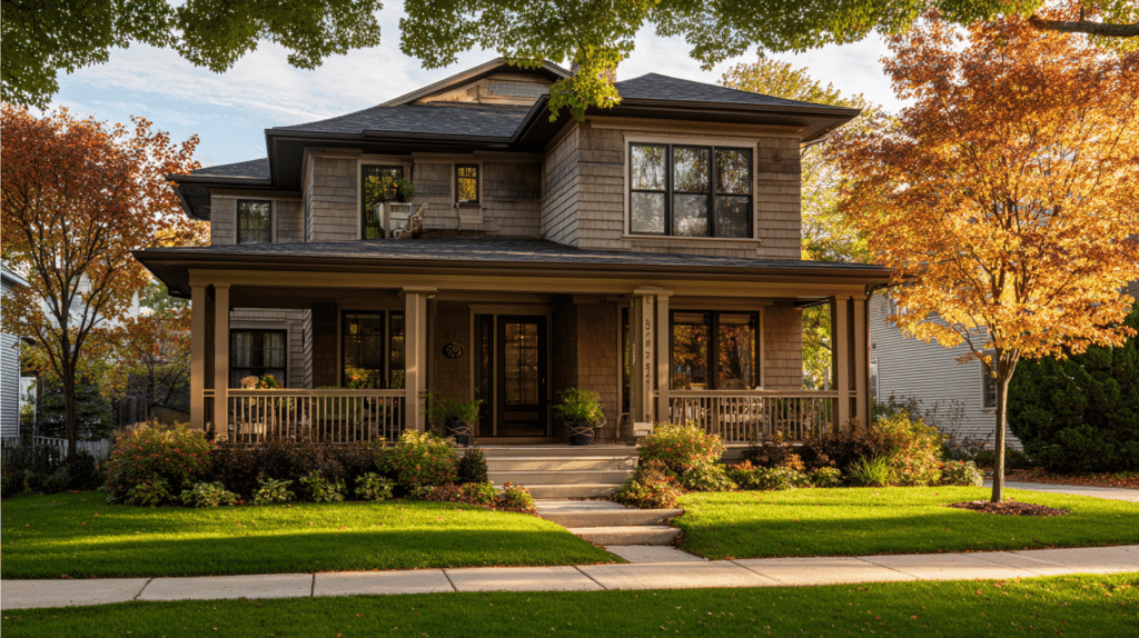 Front-facing view of a two-story Milwaukee home during fall, featuring LP SmartSide engineered wood siding in natural beige.