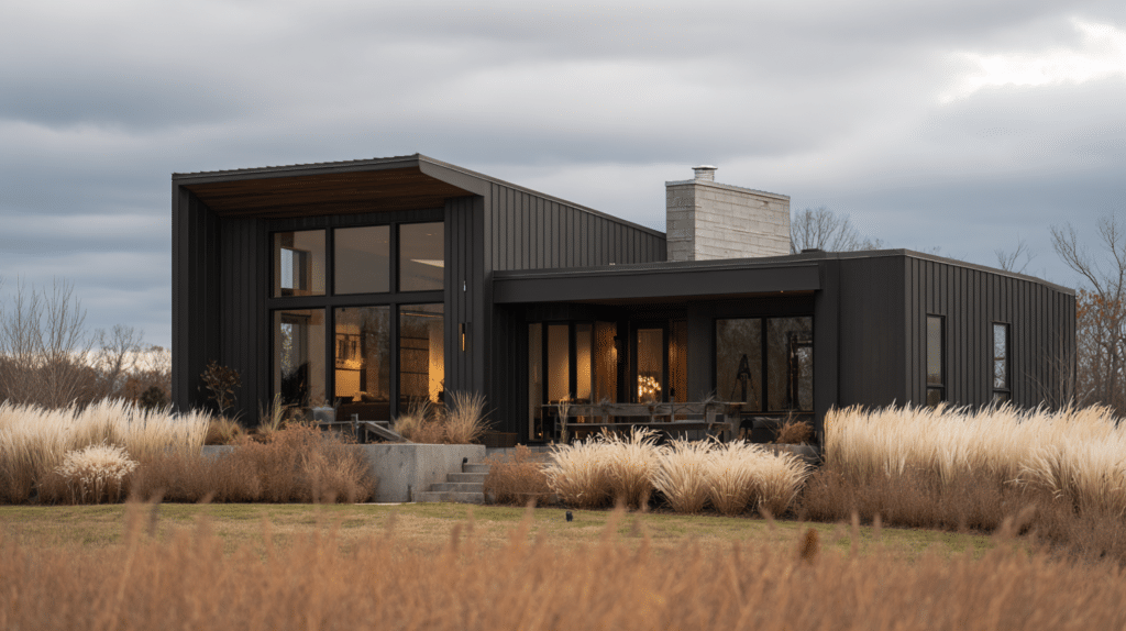 A dark-toned, modern home with vertical steel siding, located in a rural area of Wisconsin under an overcast sky.