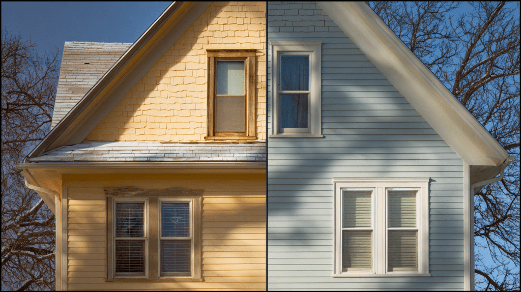 Split-frame image showing the same Milwaukee home with old yellow vinyl siding on one side and new blue fiber cement siding on the other.