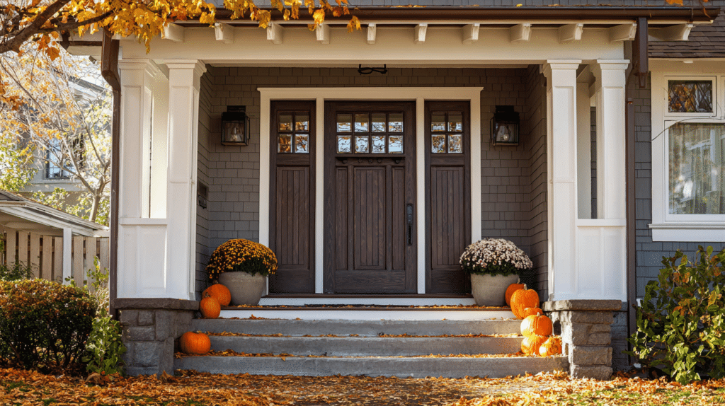 Dark wood craftsman door with sidelights and pumpkins on front porch in fall