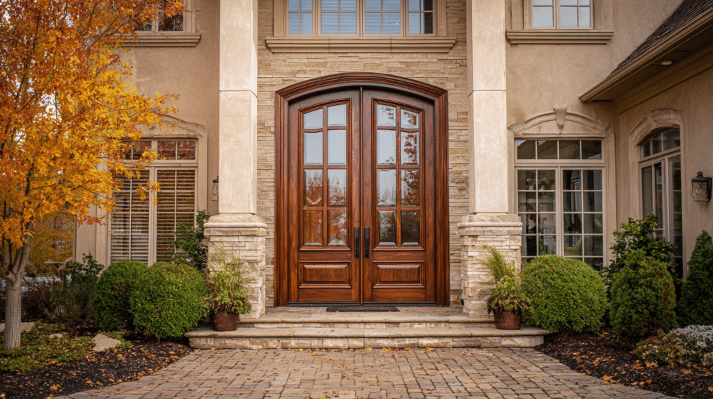 Woodgrain double entry doors with arched design on a stone-clad home in fall