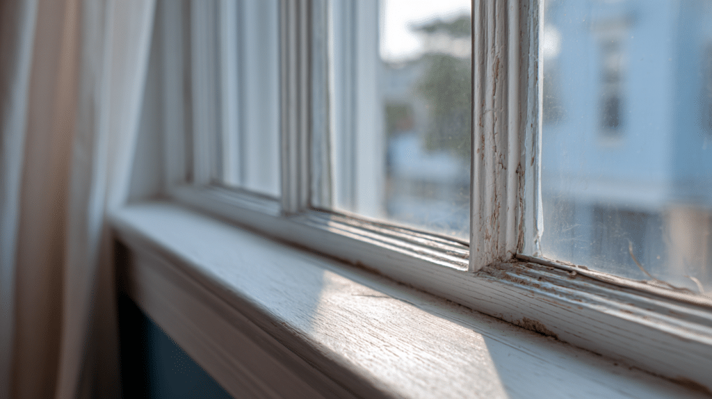 Close-up of a window sash with cracked paint and visible air gaps causing drafts