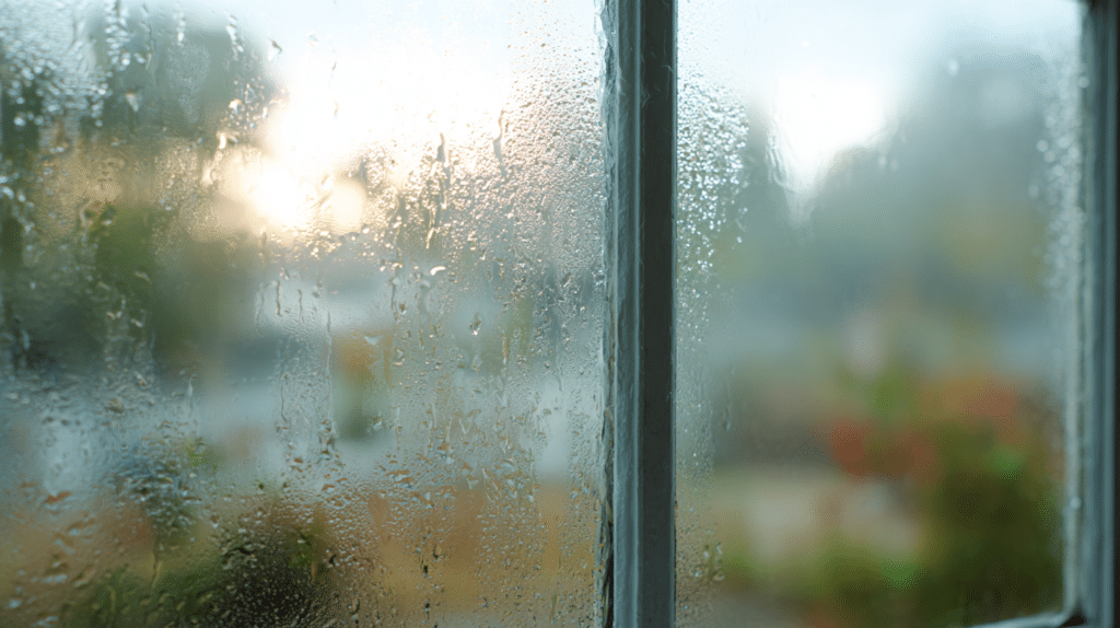 Moisture trapped between panes of a foggy double-pane window