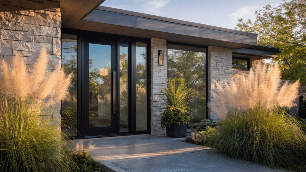 leek full glass front door with black frame and stone siding on a Milwaukee home