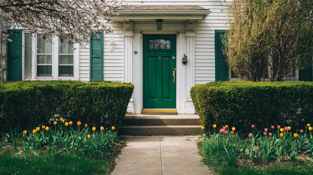 Forest green front door with spring tulips on a white siding home in Milwaukee