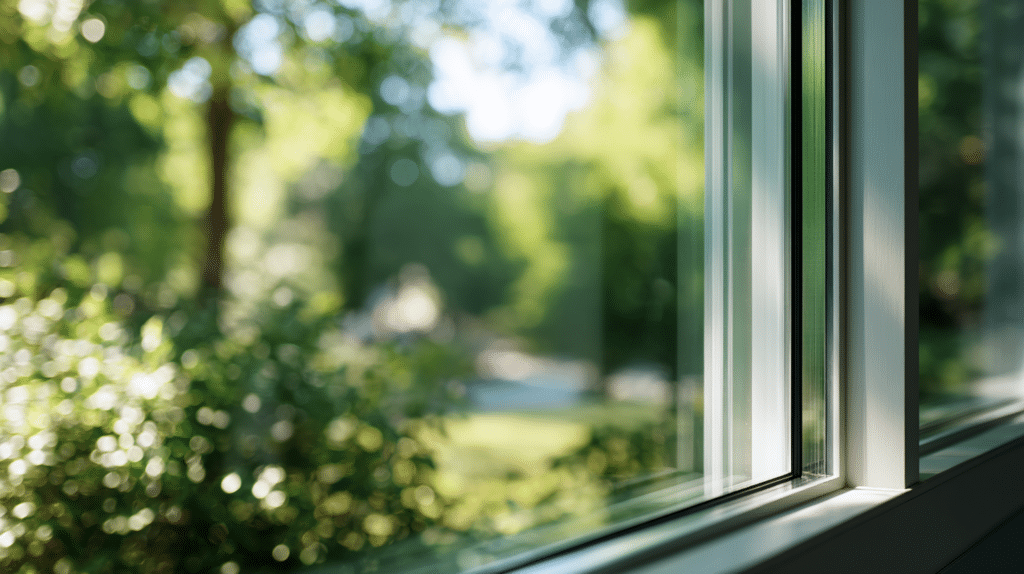 Close-up of energy star window with Low-E coating reflecting outdoor greenery