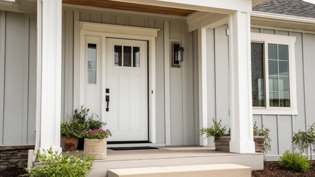 White farmhouse entry door with vertical panels and black hardware on gray siding in Milwaukee
