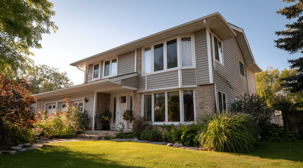 Exterior of a modern residential home showing multiple window types including bay and double-hung styles