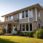 Exterior of a modern residential home showing multiple window types including bay and double-hung styles