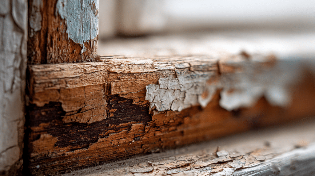 Decayed wooden window frame with peeling paint and visible moisture damage