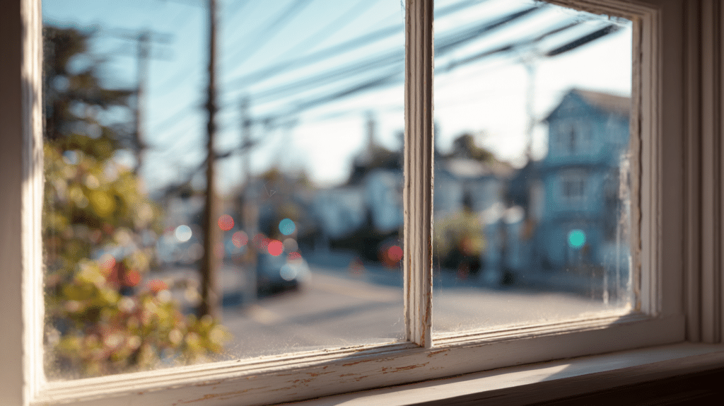 View from inside a home looking through a single-pane window onto a busy street with traffic blur
