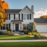 Milwaukee two-story home with navy entry door and colorful fall trees