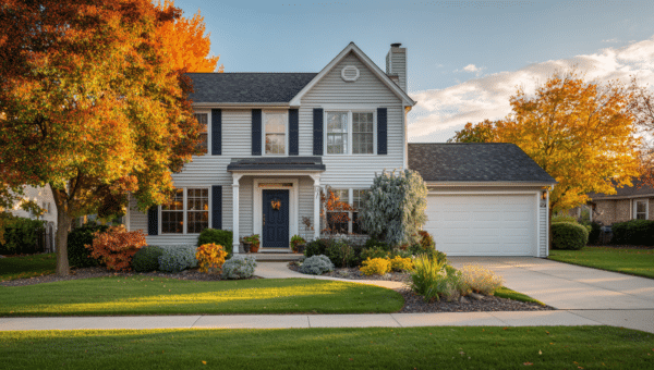 Milwaukee two-story home with navy entry door and colorful fall trees