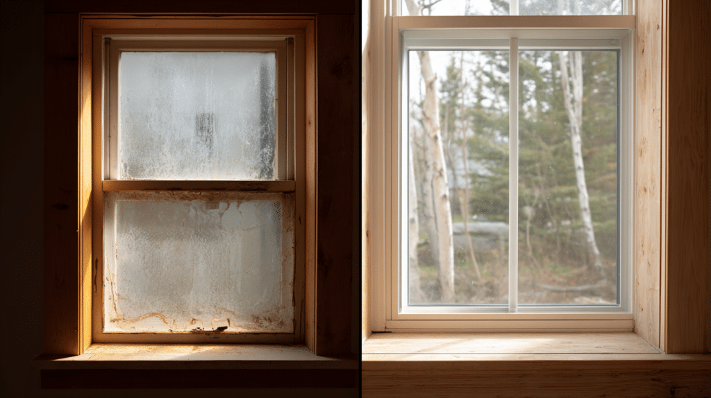 Side-by-side of old damaged window and new energy star certified window in wood interior