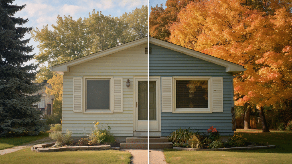 Before-and-after Milwaukee ranch showing new siding and windows, guiding the windows or siding first decision