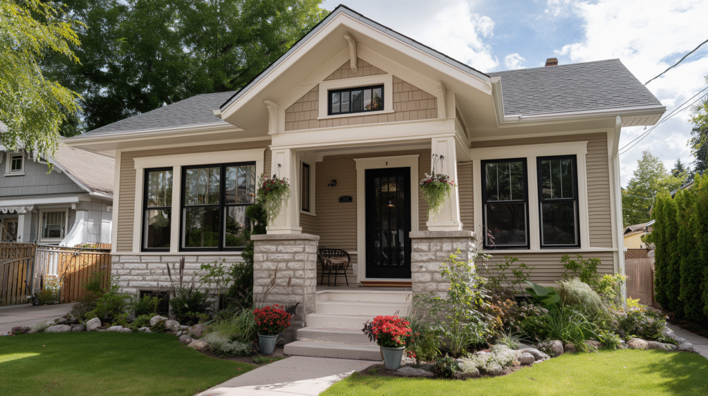 Classic Milwaukee bungalow with updated siding and black-clad windows in summer