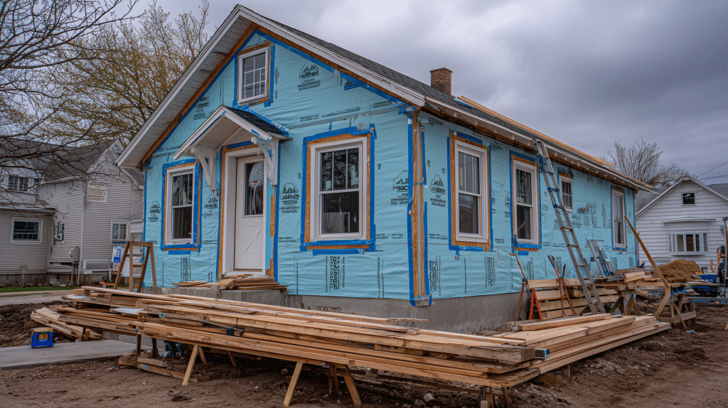 Milwaukee home mid-renovation with house wrap and taped window flashing before siding