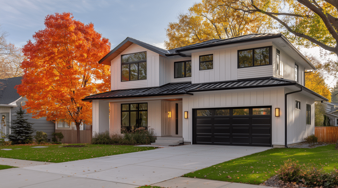 Modern Milwaukee home in fall with new windows and siding, helping explain replace windows or siding first