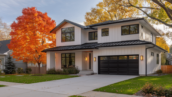 Modern Milwaukee home in fall with new windows and siding, helping explain replace windows or siding first