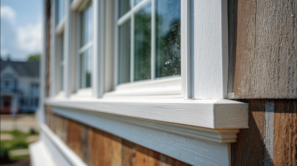 Detail of window sill and trim meeting cedar-look siding, showing why to replace windows or siding first matters