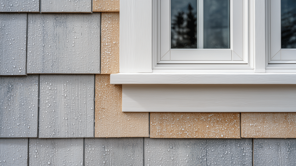 Close-up of Milwaukee window trim and fiber-cement shingle siding with rain drops, showing flashing for replace windows or siding first