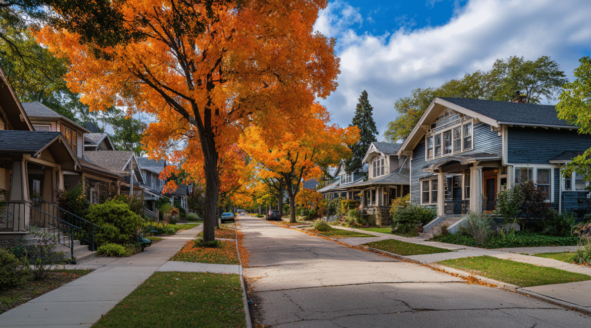 Early-fall Milwaukee street with well-kept homes and mature trees