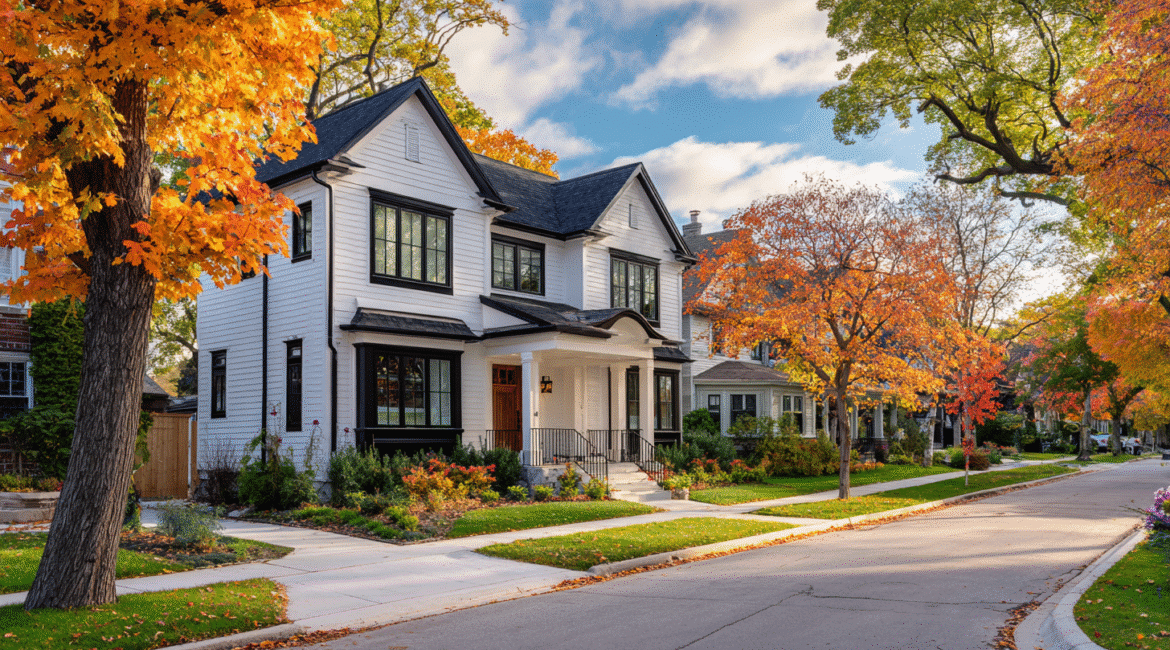 Milwaukee street with updated vinyl siding homes in fall light