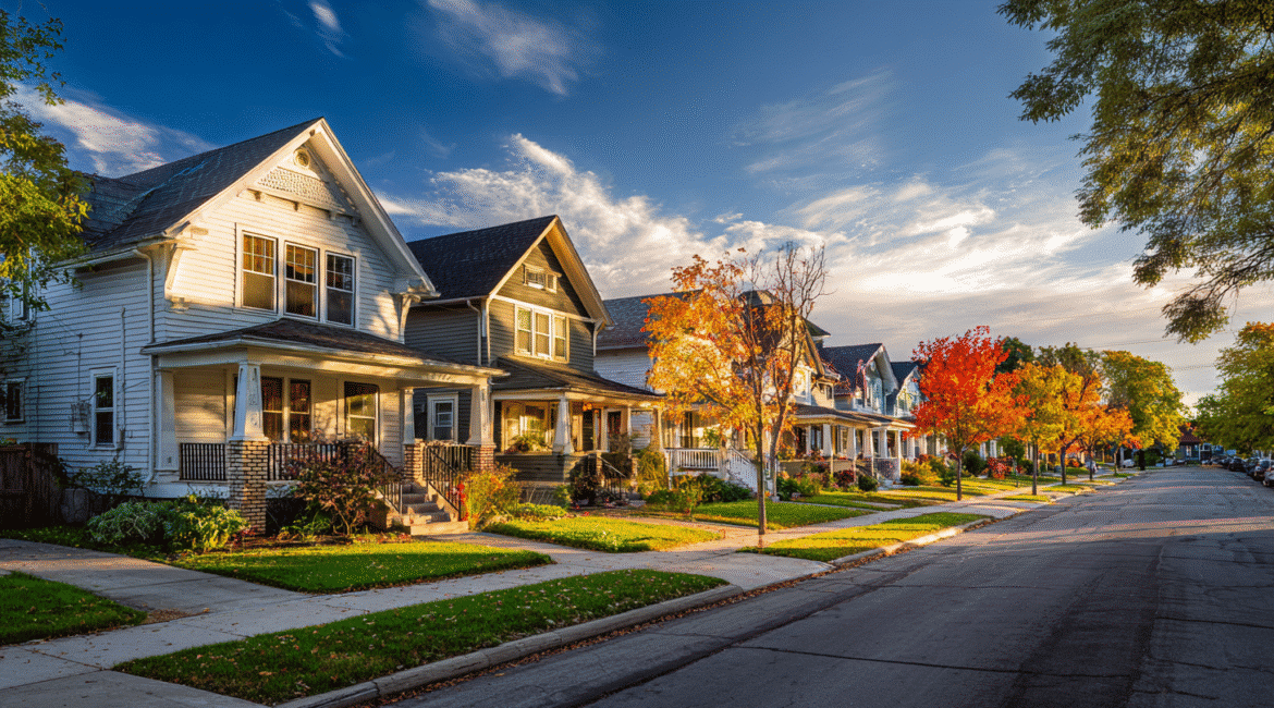 Tree-lined Milwaukee residential street at golden hour with classic craftsman homes and bright fall color, clean sidewalks, no people