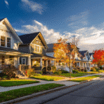 Tree-lined Milwaukee residential street at golden hour with classic craftsman homes and bright fall color, clean sidewalks, no people