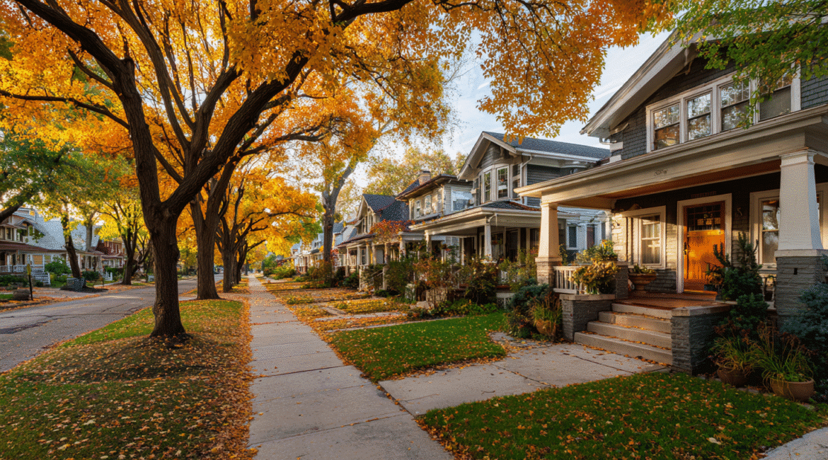 How long do front doors last in Milwaukee neighborhoods – tree-lined block with early-20th-century homes and warm evening light