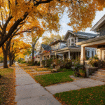 How long do front doors last in Milwaukee neighborhoods – tree-lined block with early-20th-century homes and warm evening light