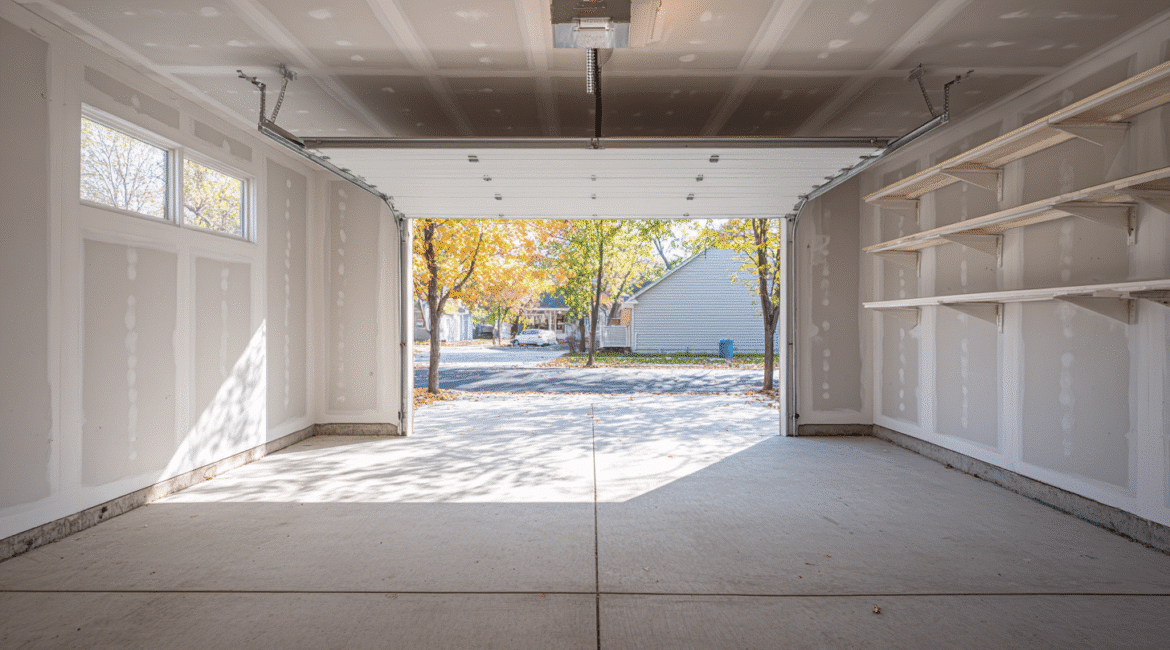 Unfinished garage walls with level-one drywall seams in a bright Milwaukee neighborhood